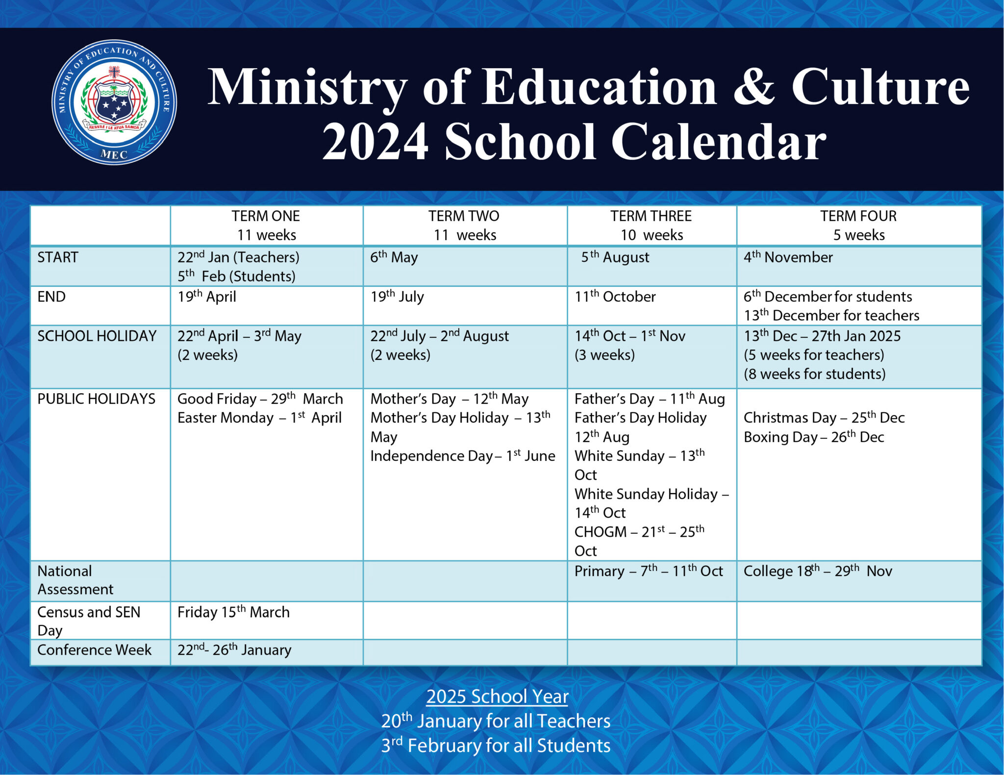 Calendar 2024 Ministry of Education and Culture